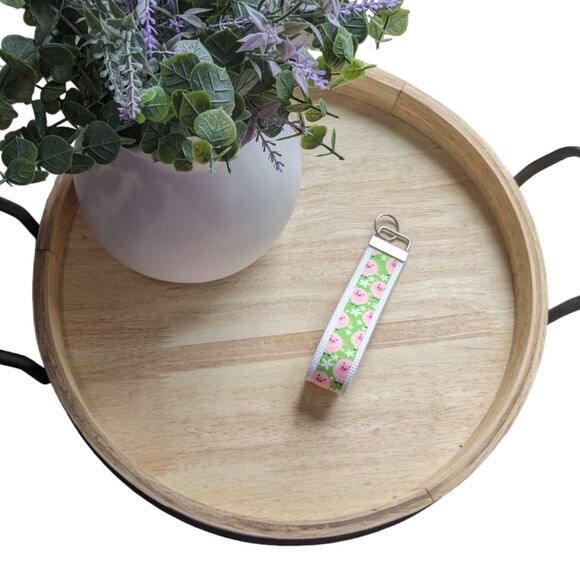 Pig Keychain Wristlet Fabric Key Ring FOB Green Piggy Farm Animals Boho Gift - Picture 2 of 7